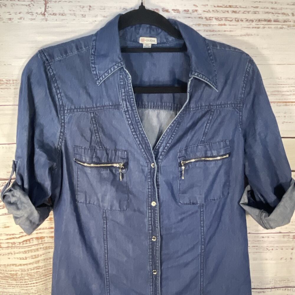 Guess Womens Button Down Roll Tab Sleeves Blue 100% Cotton Midi Dress Medium - Picture 5 of 9
